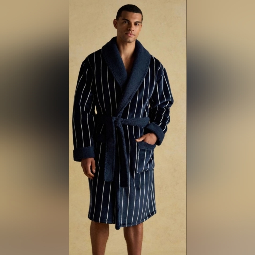 LIKE-NEW Nautica Men's Bathrobe Robe Sleepwear Dark Navy Blue White Stripes.